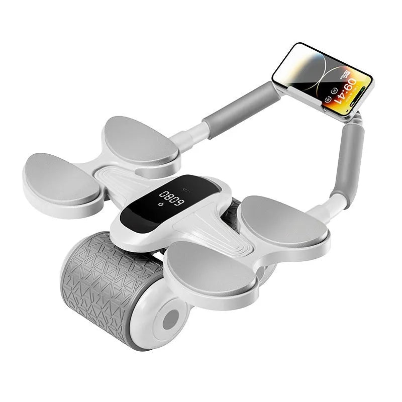 White belly contraction fitness roller with large LED timing and calorie counting screen.