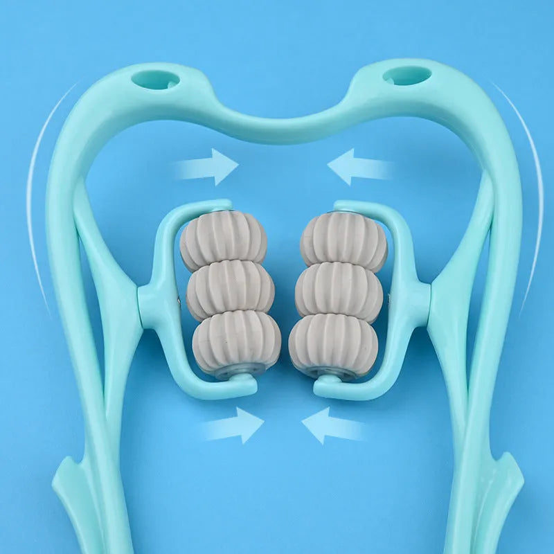 Blue plastic manual massager with six rolling wheels for neck, shoulder and back tension.