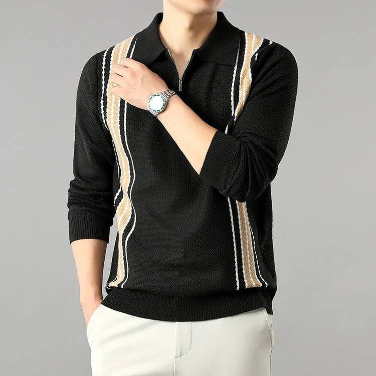 Men's turn-down collar half-zip long sleeve colour block striped polo sweater in beige on a plain background