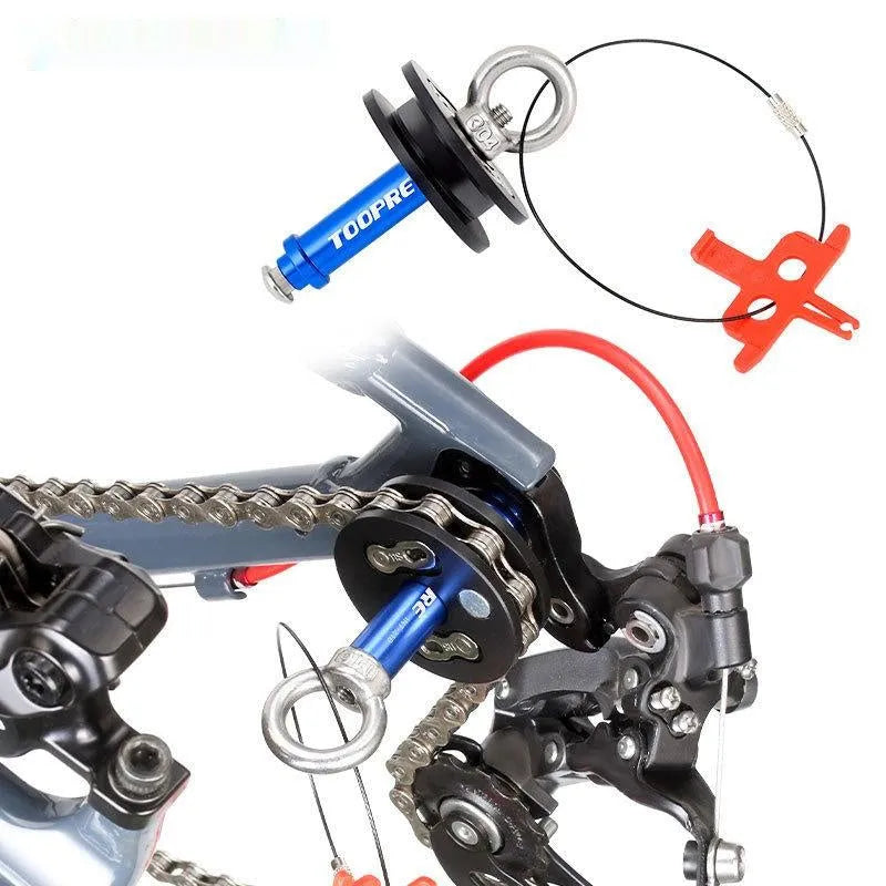 Aluminium alloy bicycle chain holder tool for maintenance, shown in barrel shaft, basic, and quick release versions.