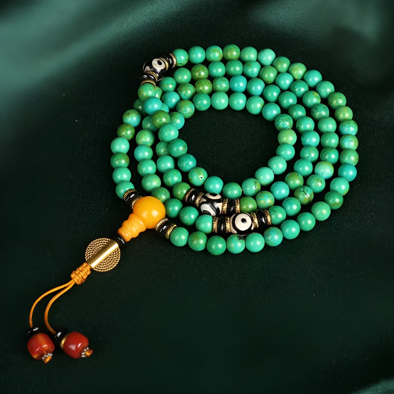 Natural turquoise bracelet with 108 polished 8mm round beads showing raw ore texture
