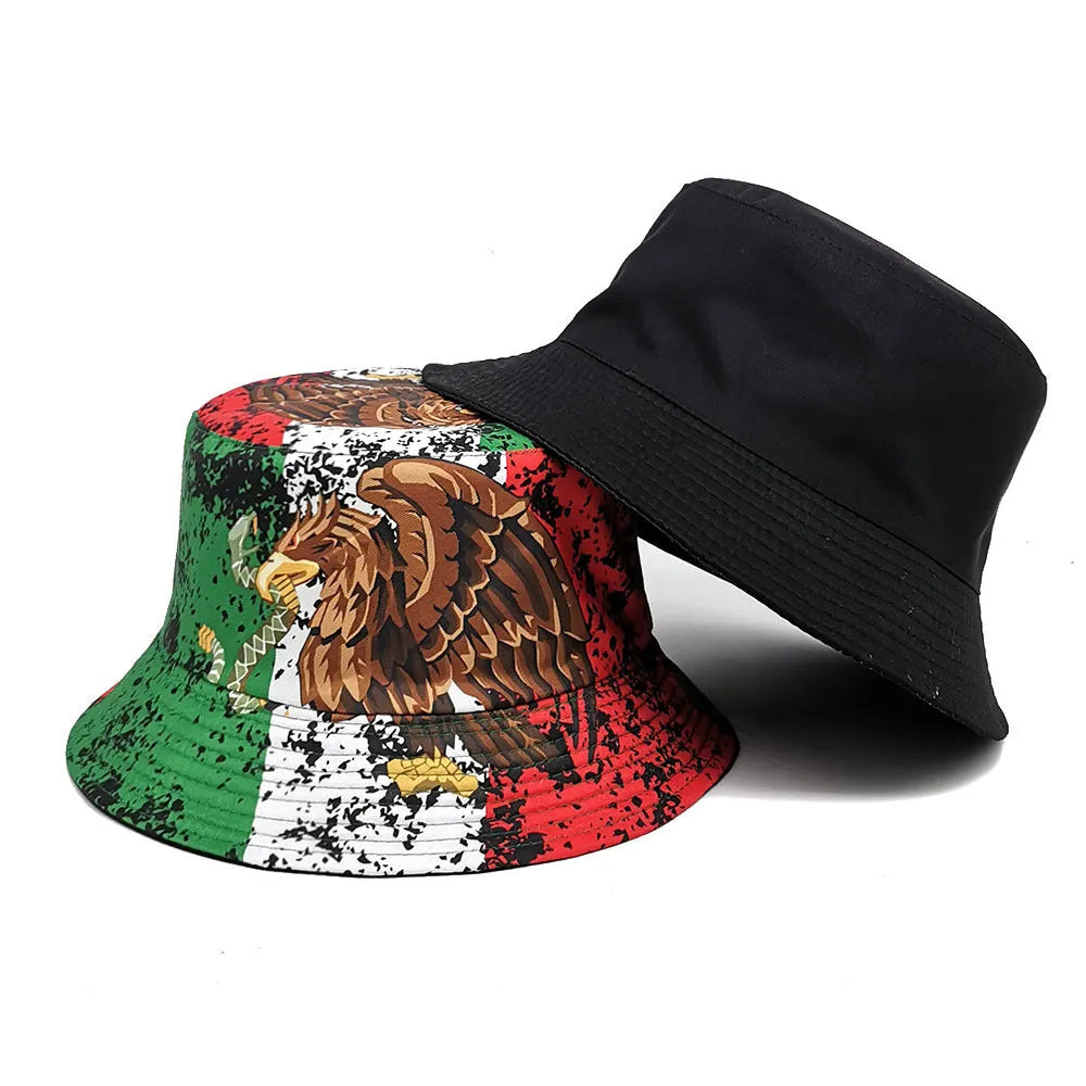 Retro-style polyester bucket hat featuring a large eagle pattern print on the crown.