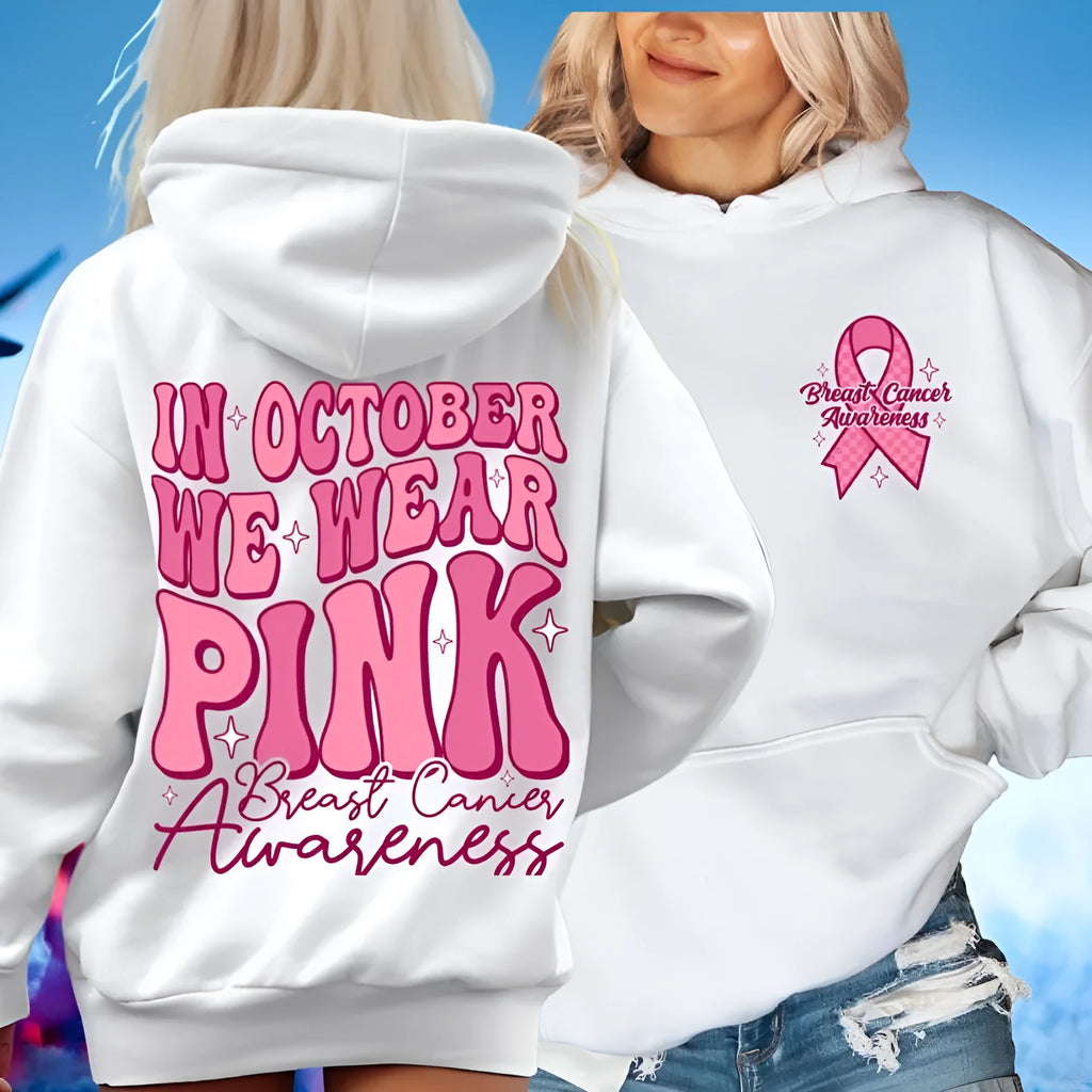 Breast cancer awareness hooded sweatshirt with retro print and side seam pockets in khaki colour