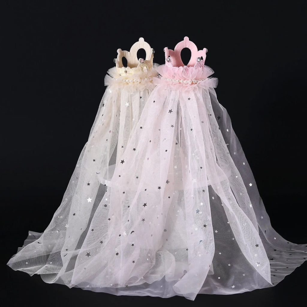 Pet wearing princess crown headdress with floral decoration and attached veil