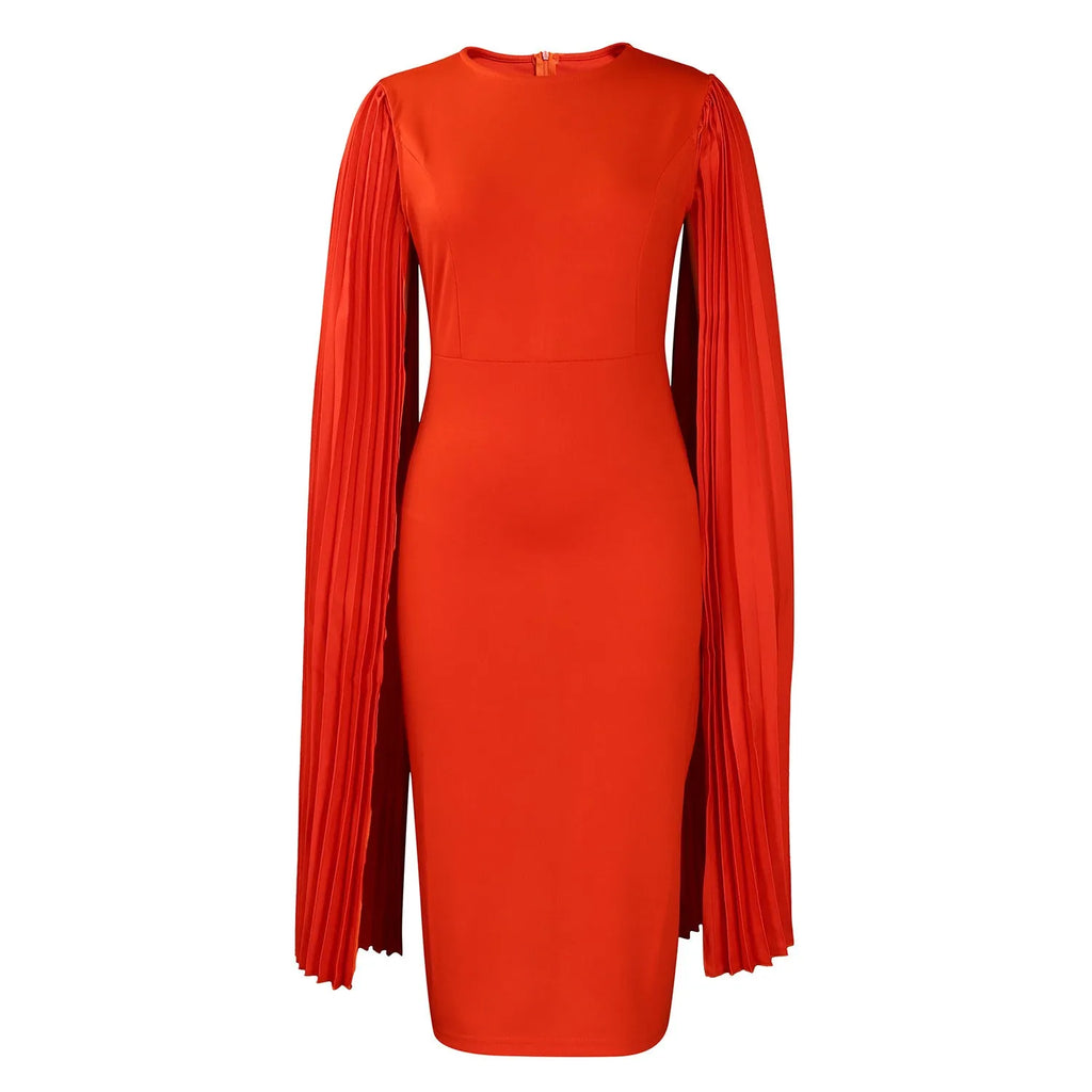 Women's round neck pleated evening gown with long sleeves and attached shawl in polyester fabric