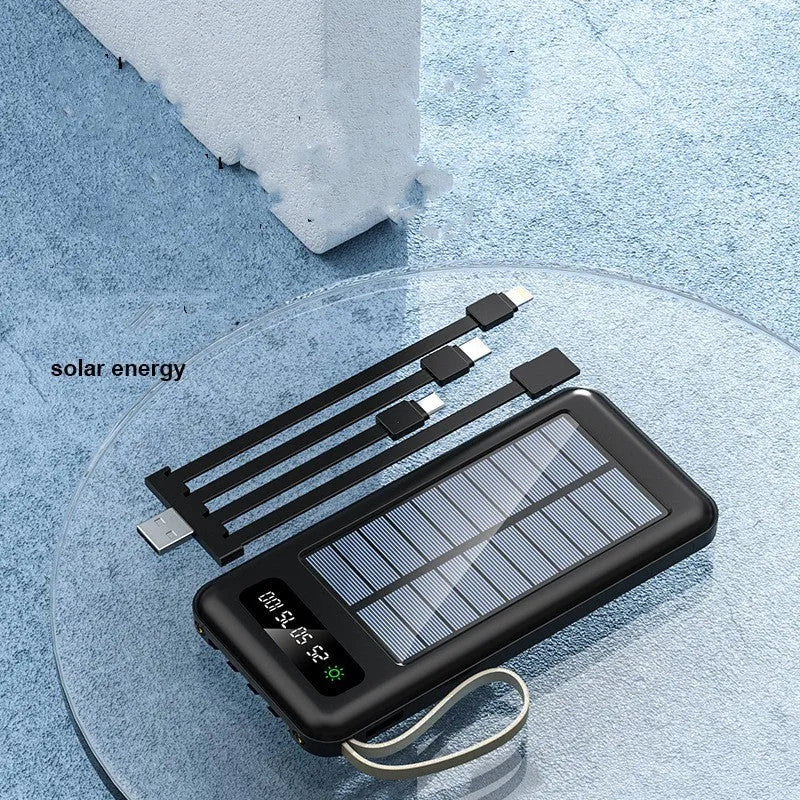 Solar power bank in black or white with 20000mA or 30000mA capacity measuring 144mm by 68mm