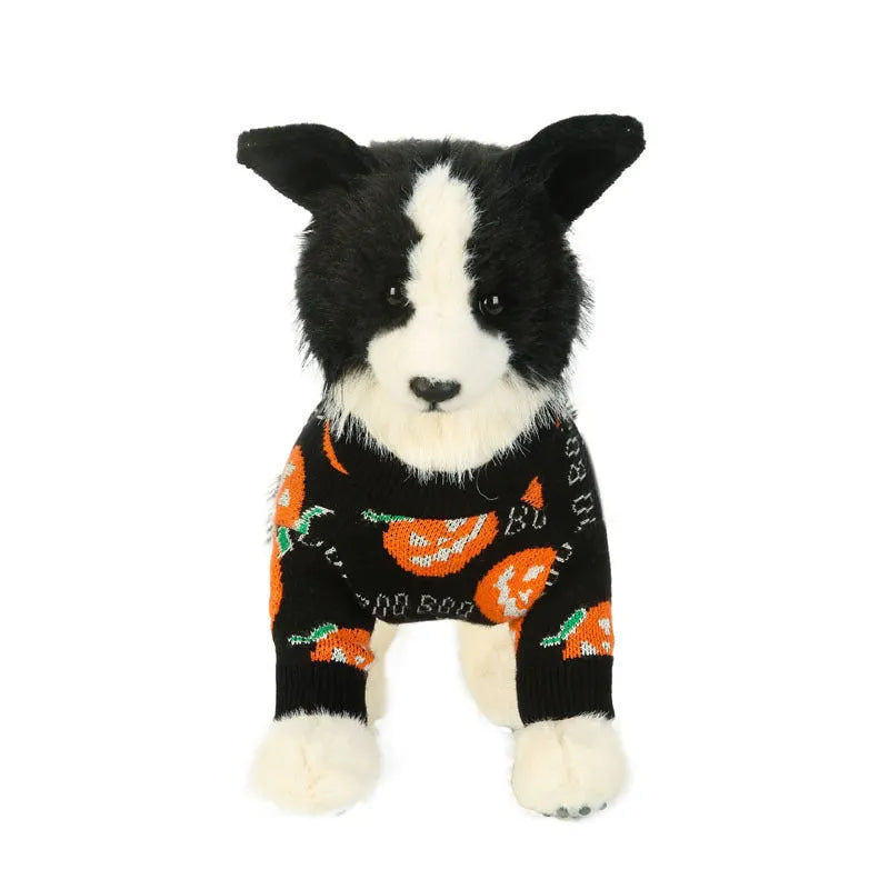 Black dog sweater with orange pumpkin print, shown on a dog for Halloween.