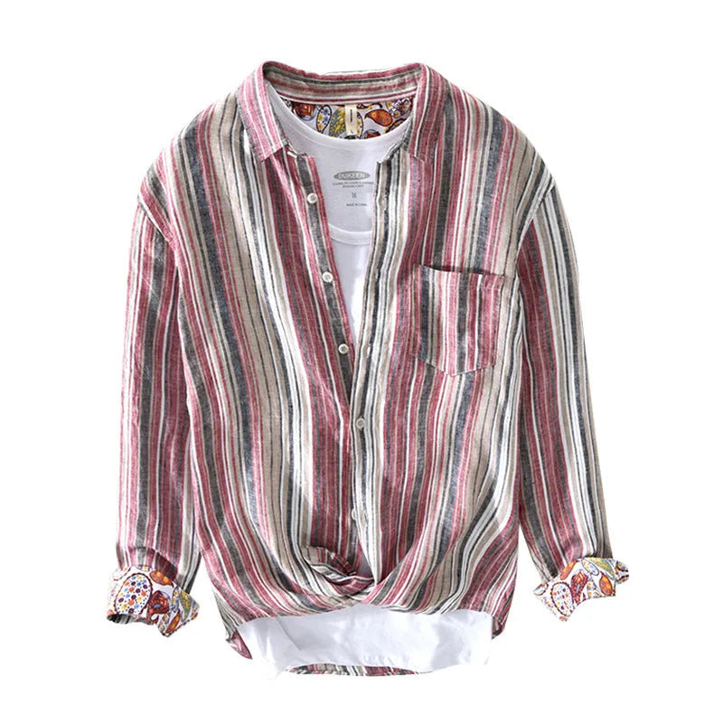 Men's linen striped shirt in red or grey with long sleeves and loose casual fit