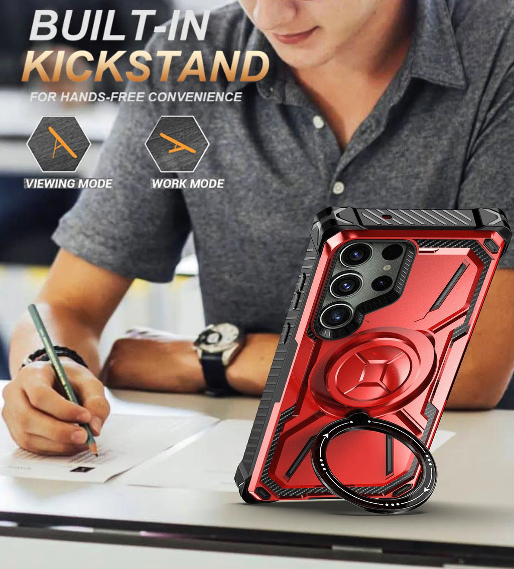 Magnetic phone case with ring holder bracket in black, drop-resistant PC TPU cover for Samsung or Apple