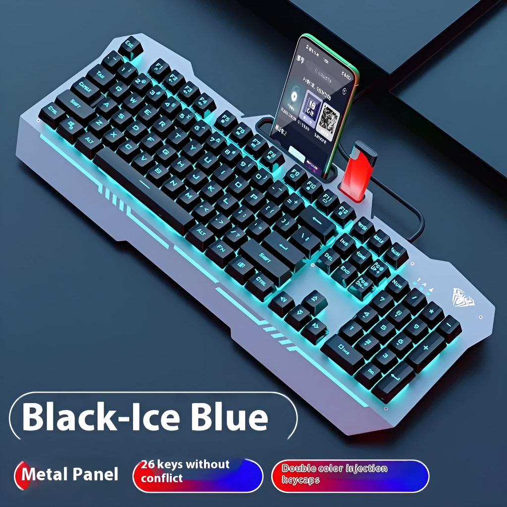Mechanical gaming keyboard, mouse, and headset bundle in metal packaging with LED lighting