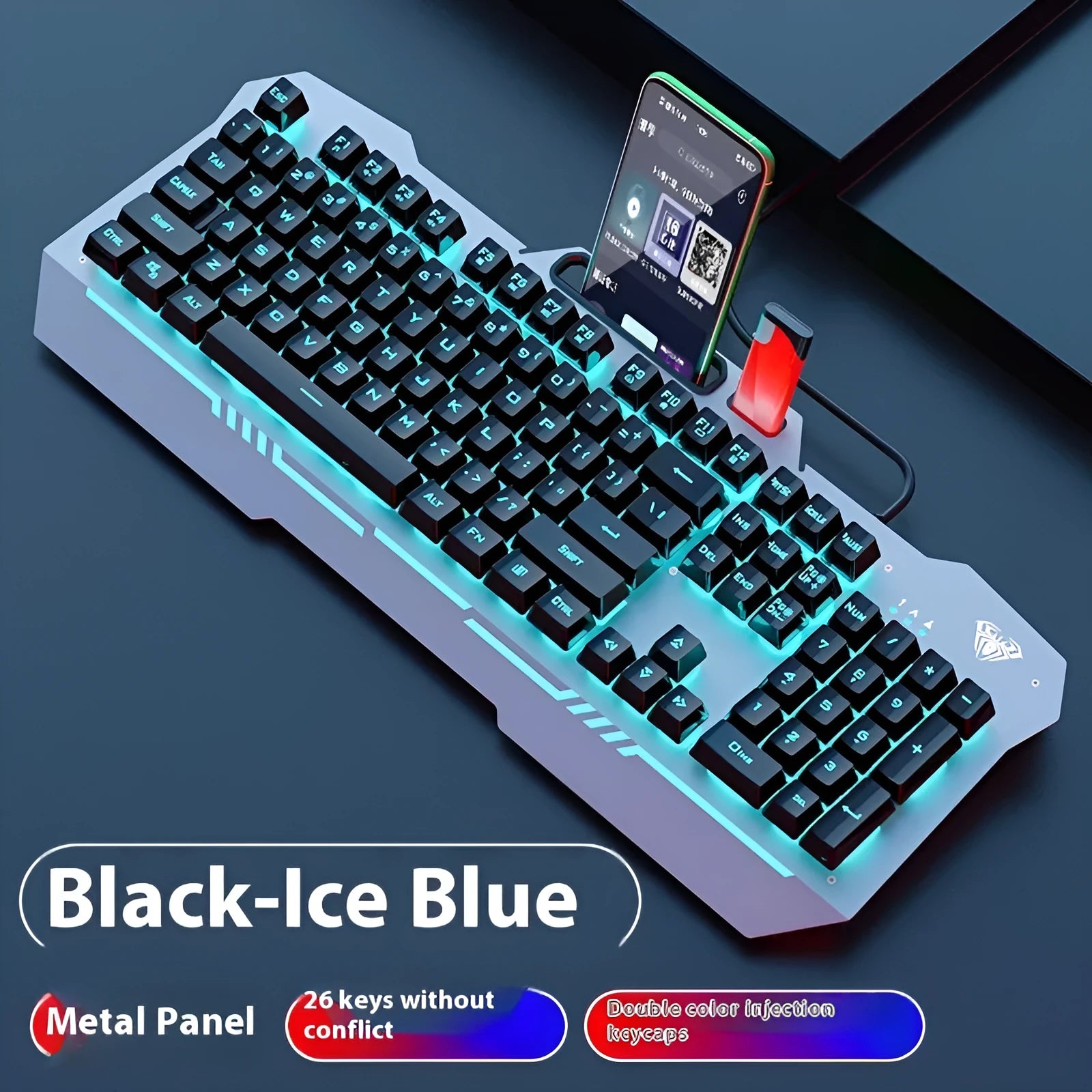 Mechanical gaming keyboard, mouse, and headset bundle in metal packaging with LED lighting