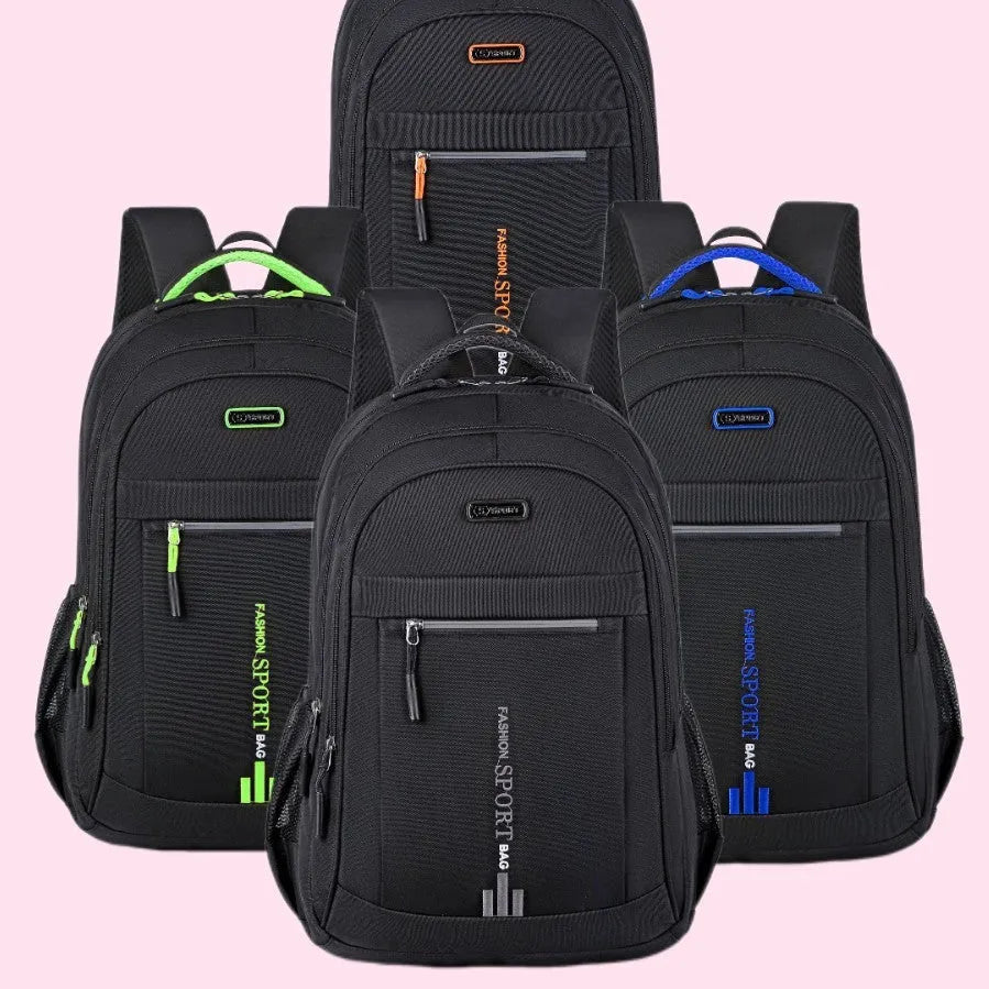 Oxford cloth business backpack with air cushion straps showing sewing line detail in blue colour.
