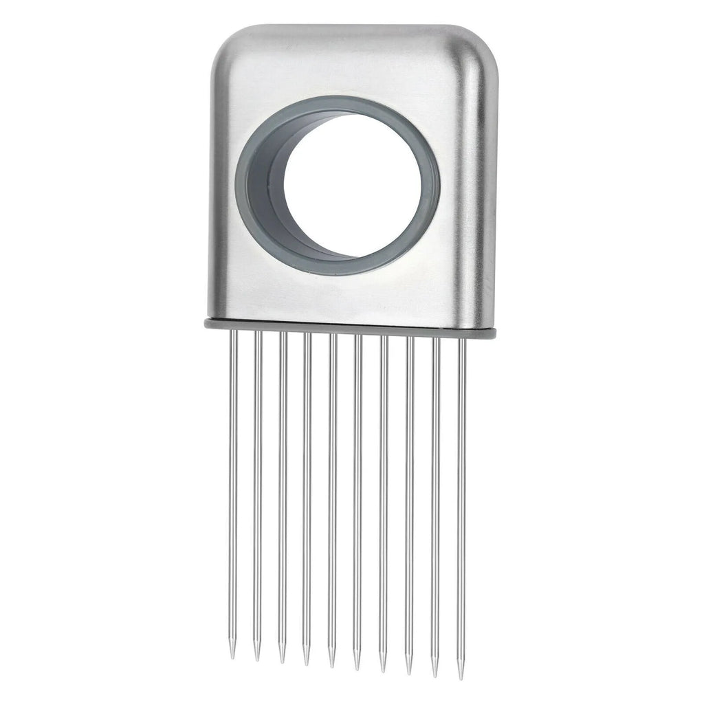 Stainless steel and ABS food slice assistant for onions and tomatoes on a kitchen worktop.