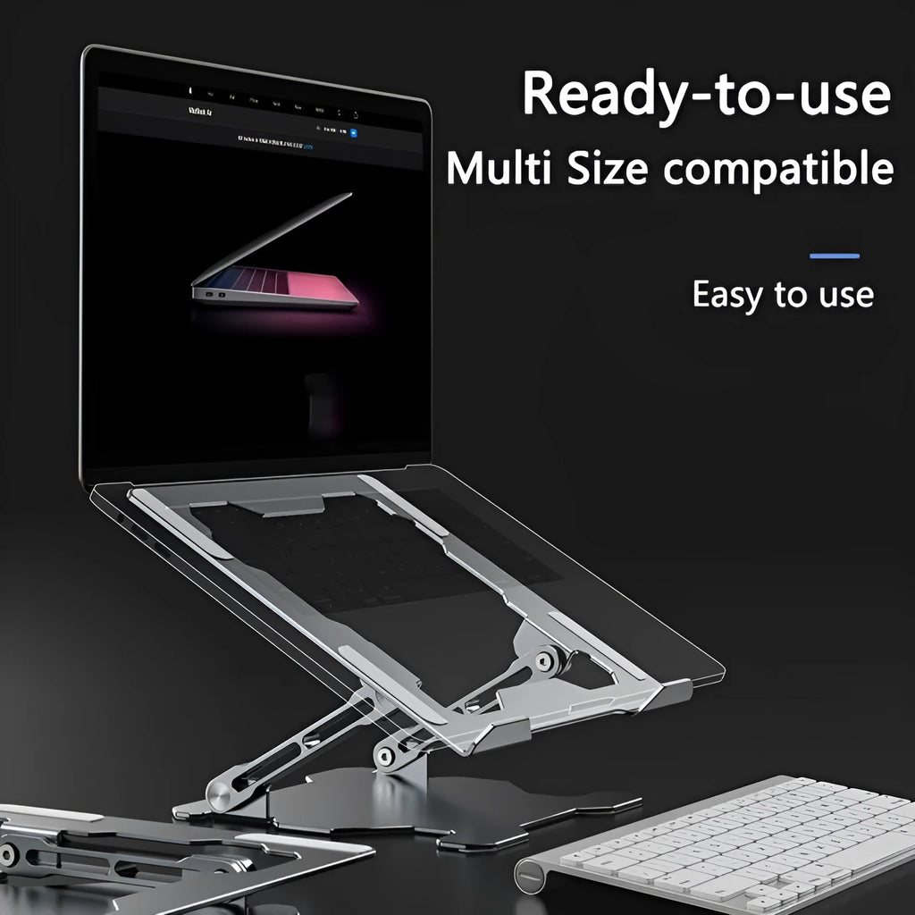 Grey aluminium alloy laptop stand showing adjustable angle mechanism and hollow heat dissipation design