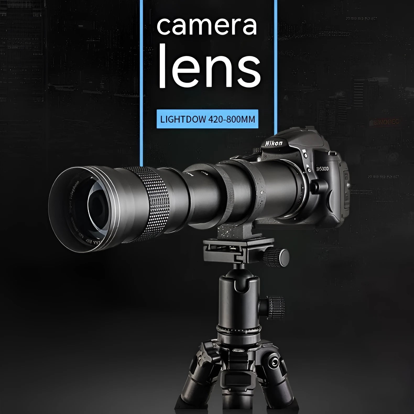 420-800mm manual zoom camera lens with T-mount adapter ring shown extended to approximately 36cm length