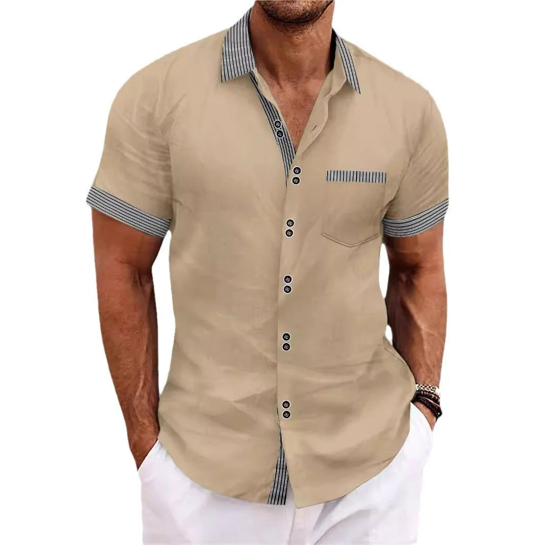 Slim fit striped short sleeve casual shirt in pure cotton fabric showing double button front