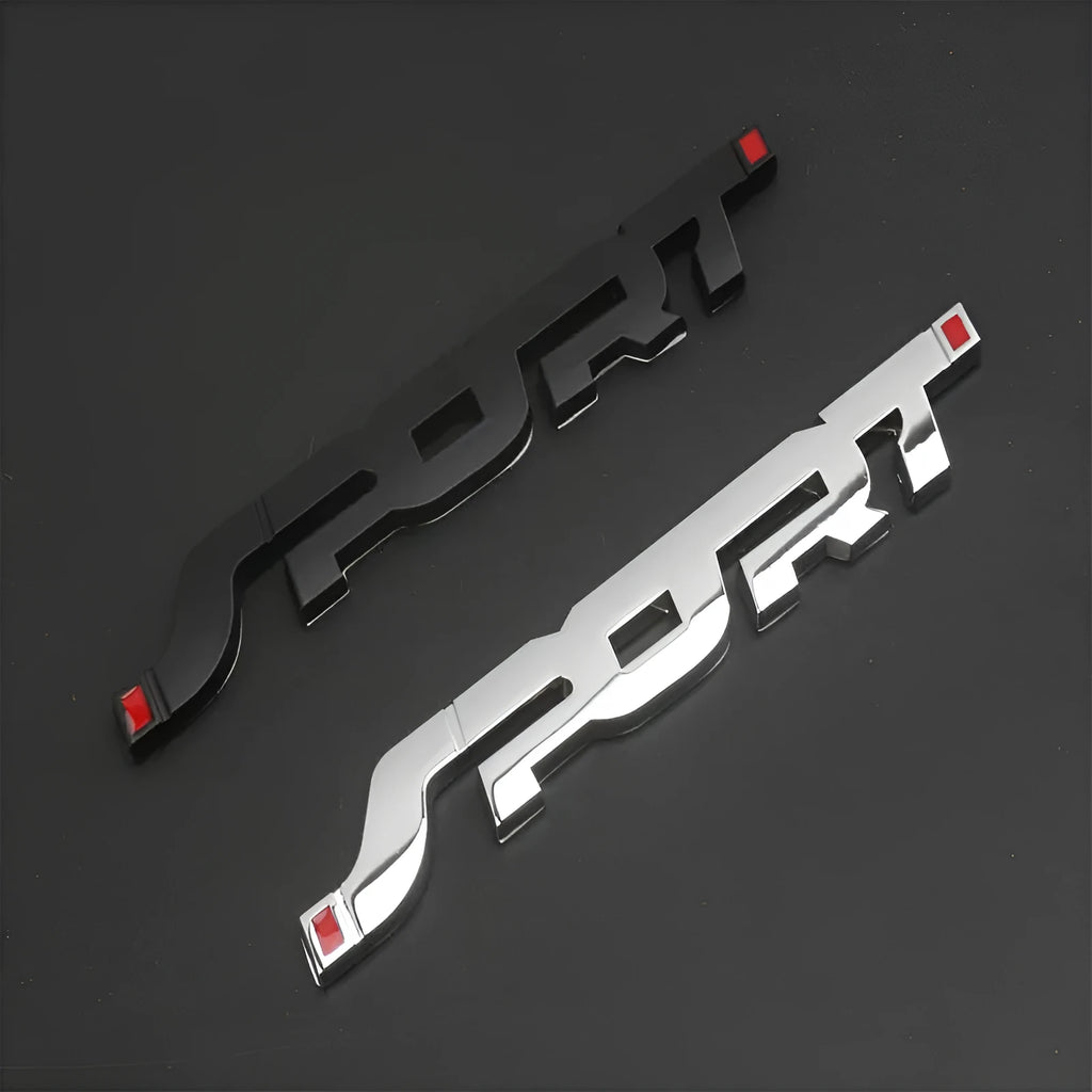 Metal car sticker with 3D effect in silver on a sports car exterior showing simple style