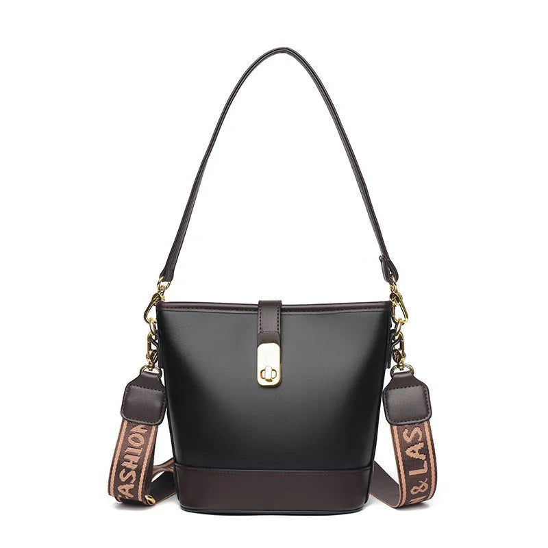 Korean style black bucket messenger bag with double shoulder straps and internal organisation pockets