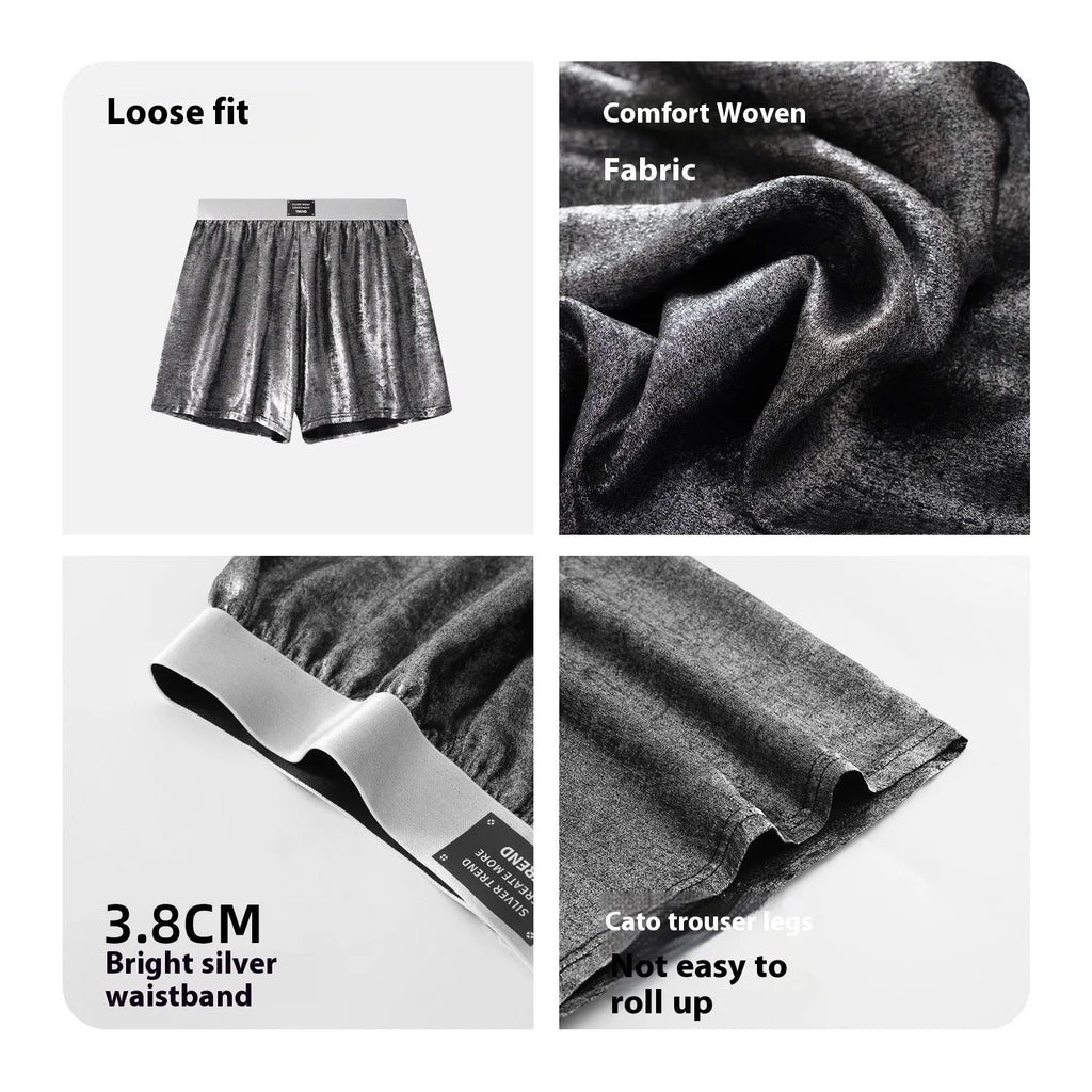Galaxy brand men's reflective silver loose sports underwear on a mid-waist model.