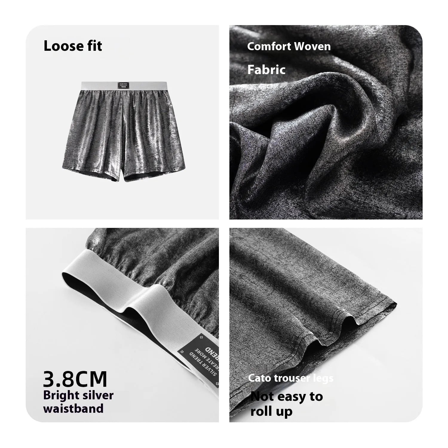 Galaxy brand men's reflective silver loose sports underwear on a mid-waist model.