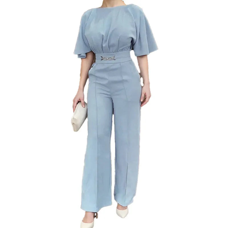 Blue polyester men's casual suit set with long sleeve jacket and matching trousers