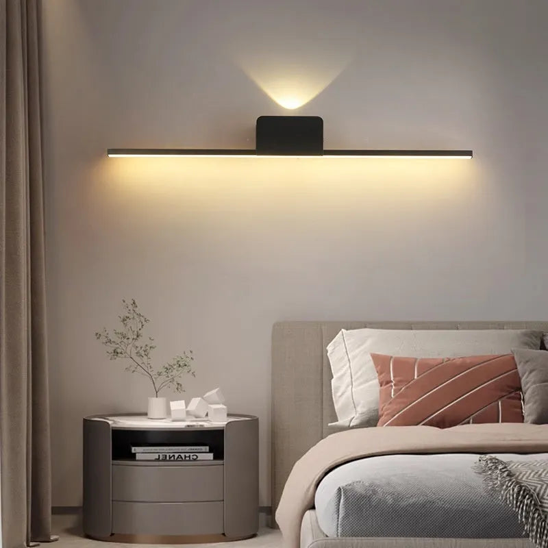 Modern black LED mirror headlight bedside lamp on bedside table, 40cm or 55cm height option