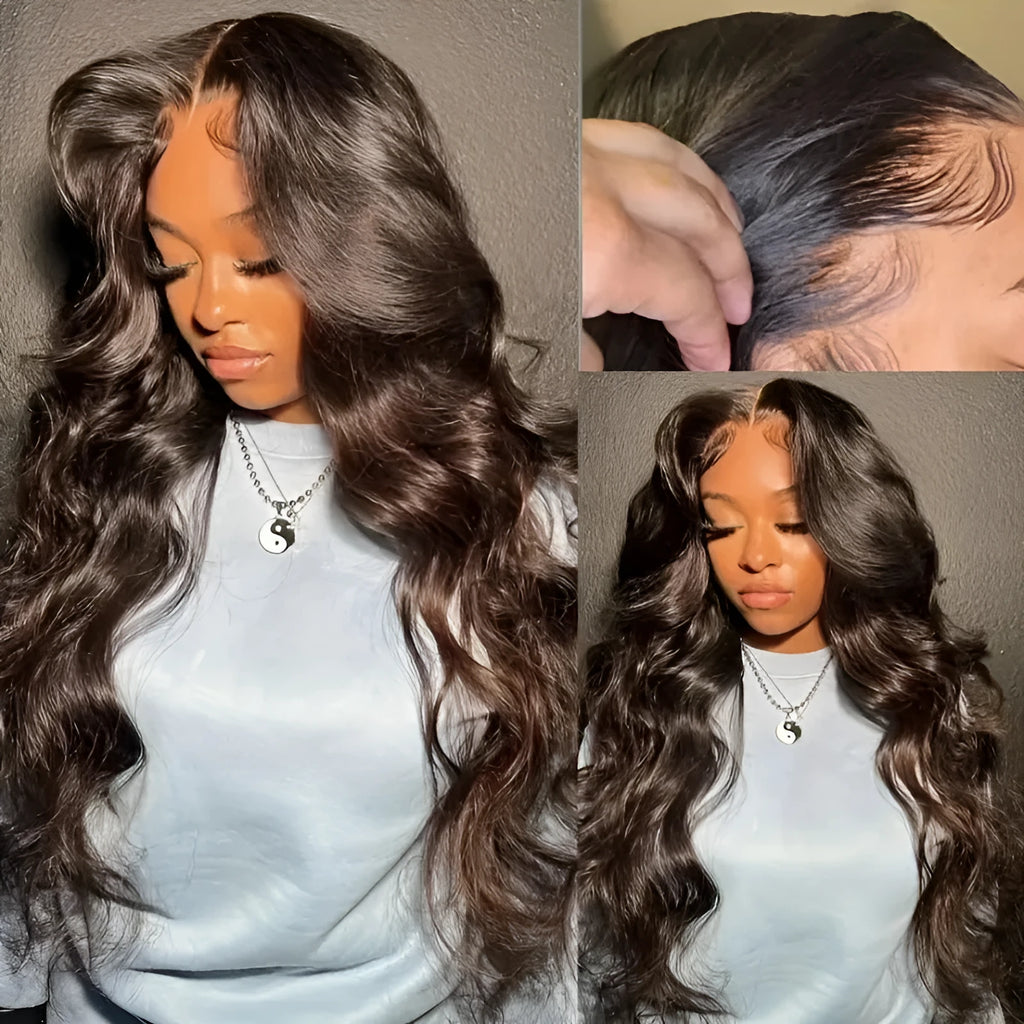 Long curly dark brown synthetic wig with side bangs on a mannequin head.