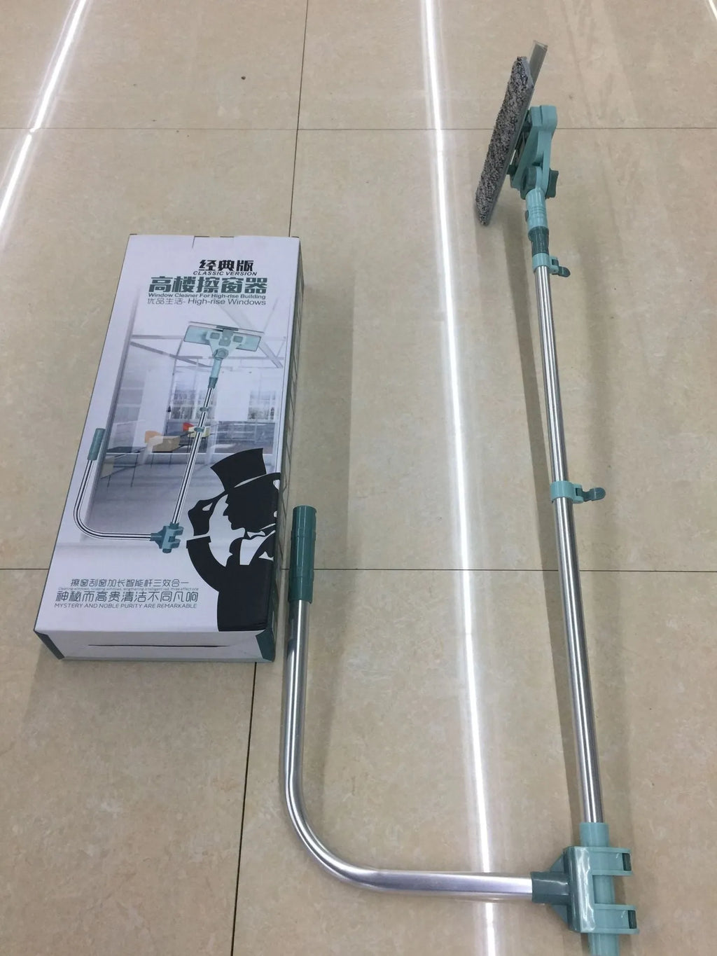 Manual double-sided retractable high-rise window glass scraper with lever and plastic handle