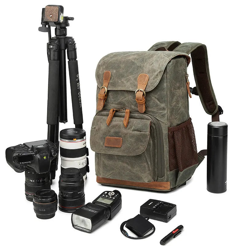 Canvas DSLR camera backpack in khaki colour with backpack straps and protective features