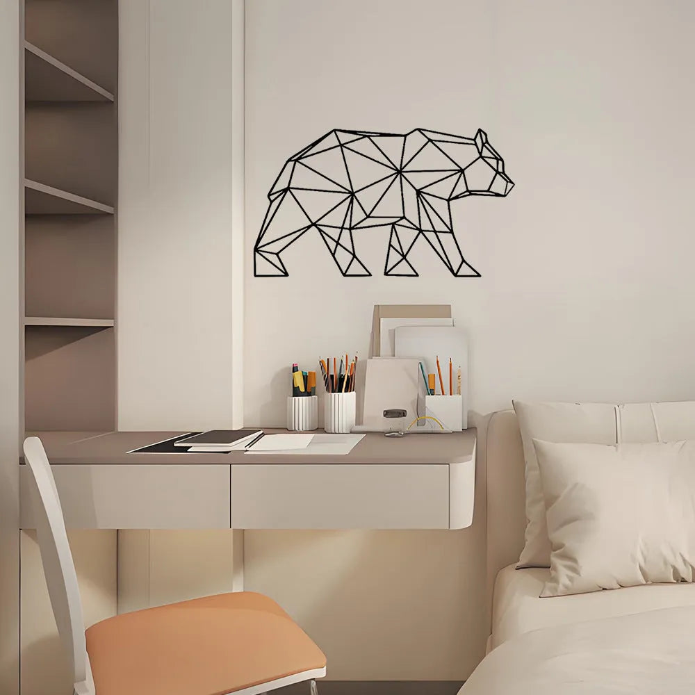 Black iron metal wall hanging decoration with polar bear silhouette line art design on a white background