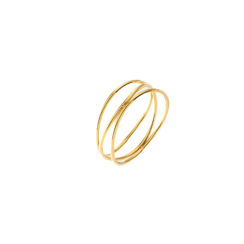 Gold electroplated titanium steel ring with three-layer geometric coiled line design