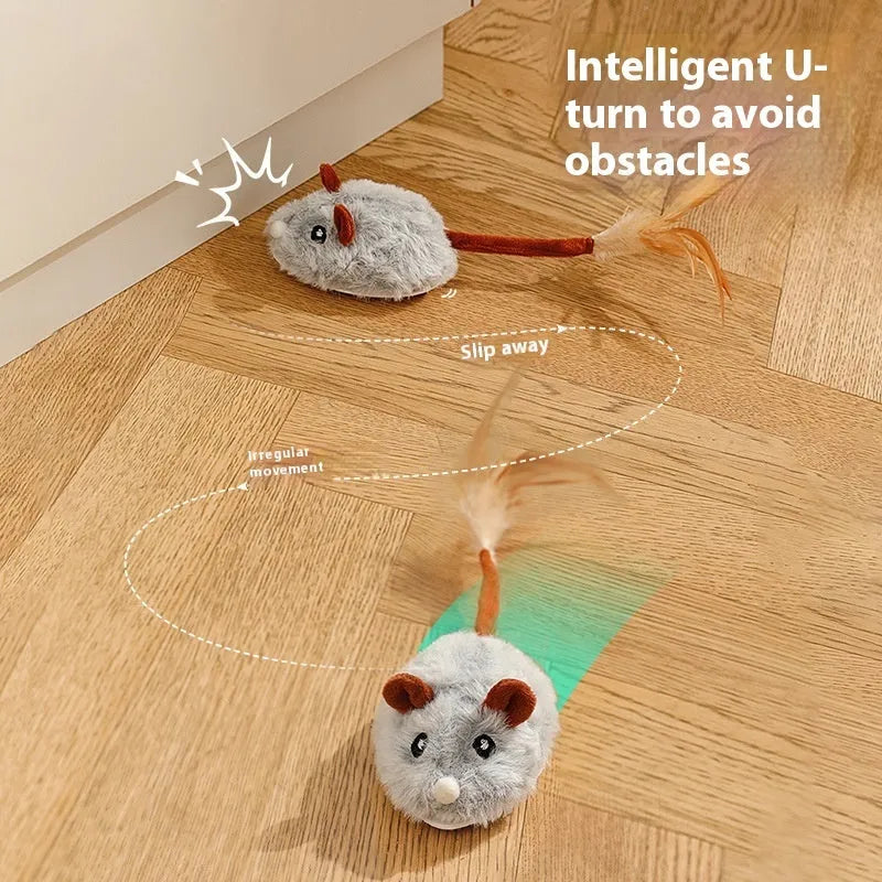 Electric cat pole toy with plush mouse in pink, purple or dark grey colours