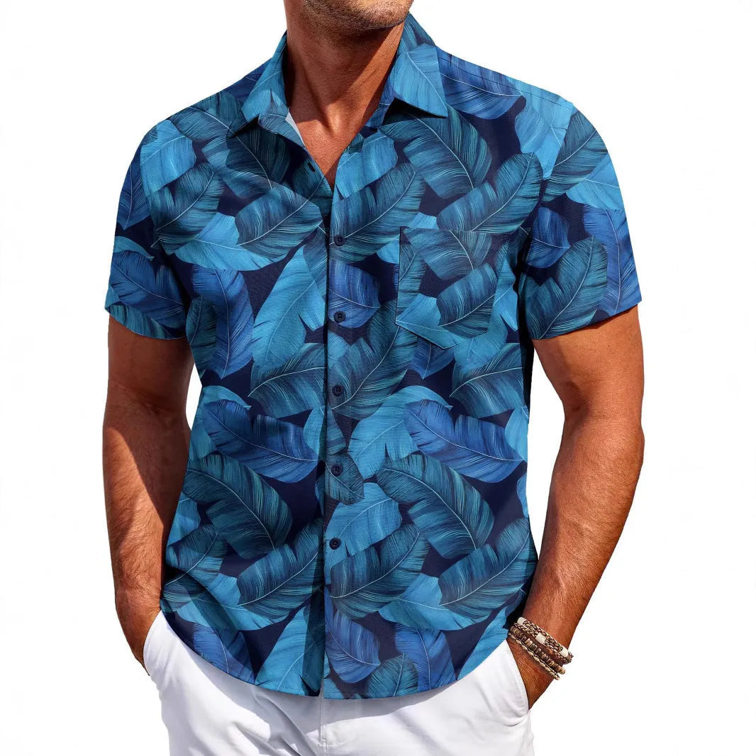 Men's slim fit cardigan style shirt with short sleeves in four-sided elastic polyester fabric