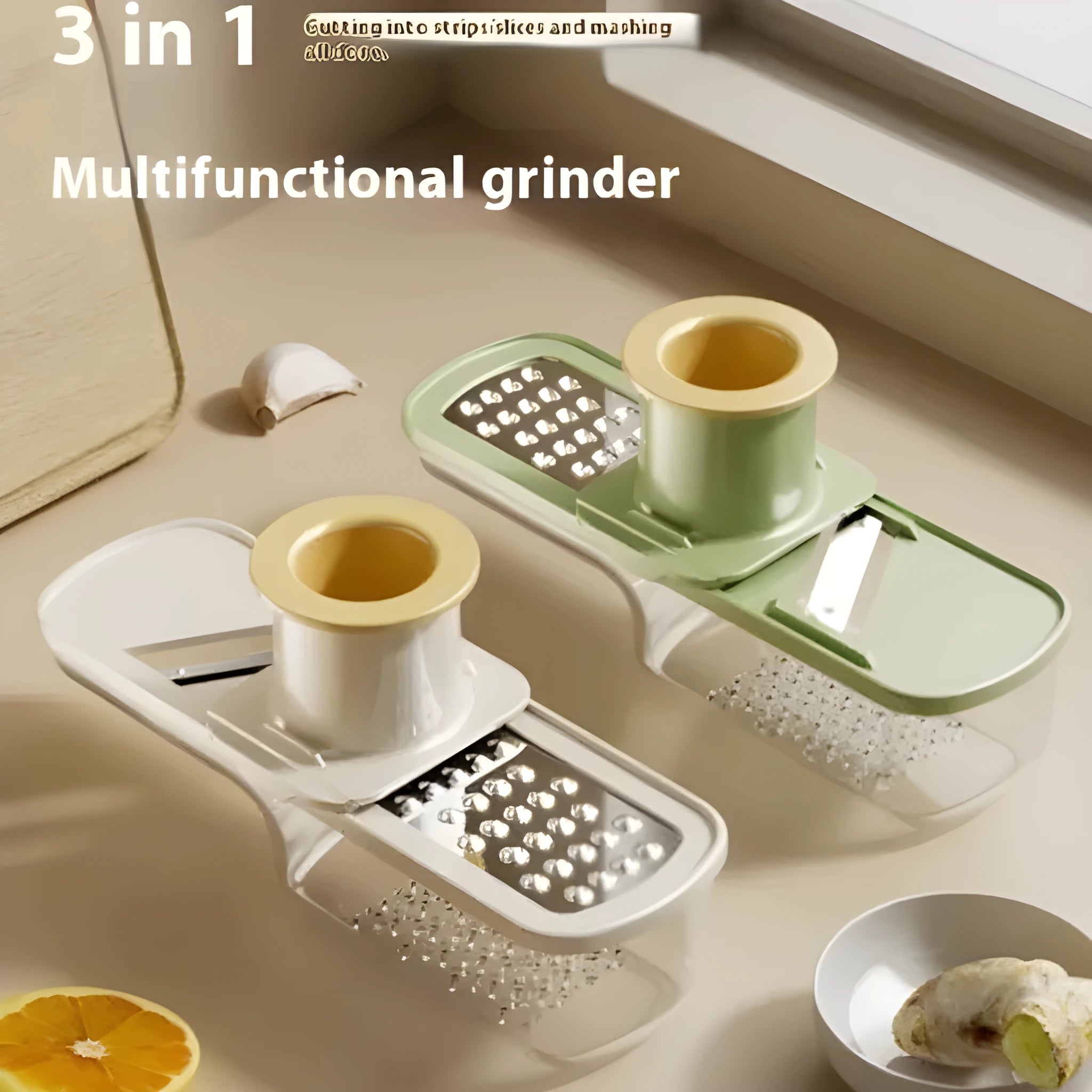 Stainless steel ginger and garlic grinder three-in-one potato slicer in beige on kitchen counter