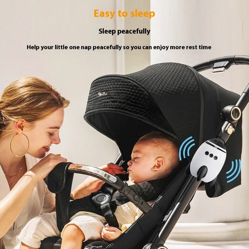 White ABS plastic baby sleep comforter device with automatic shaking and Bluetooth connectivity for strollers