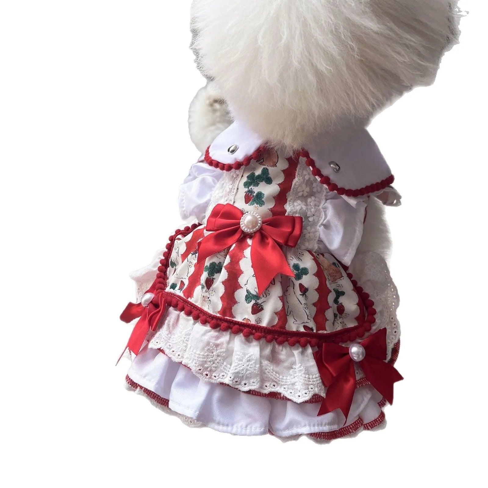 White rabbit skirt princess dress for a small dog on a mannequin, showing the tiered skirt design.