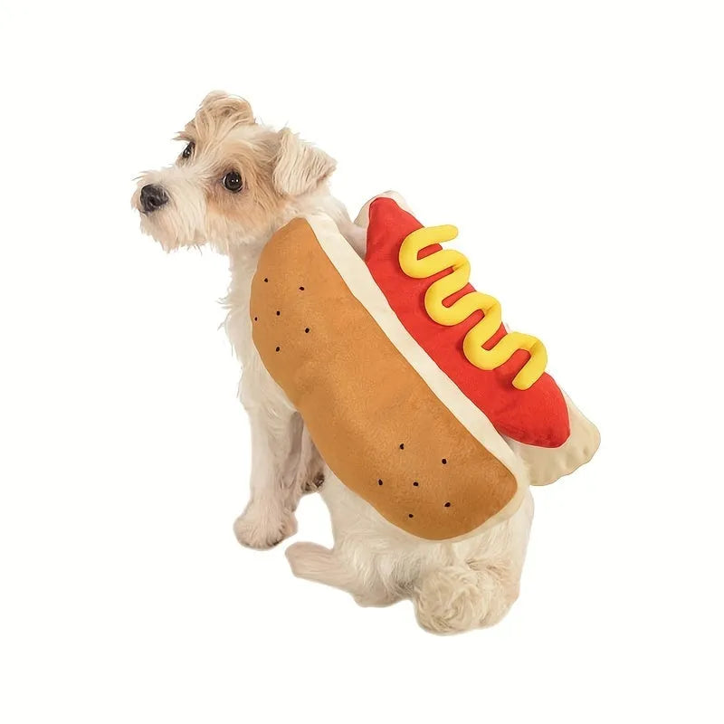 Dog wearing a brown hot dog costume with adjustable belly strap, suitable for dachshunds and small breeds