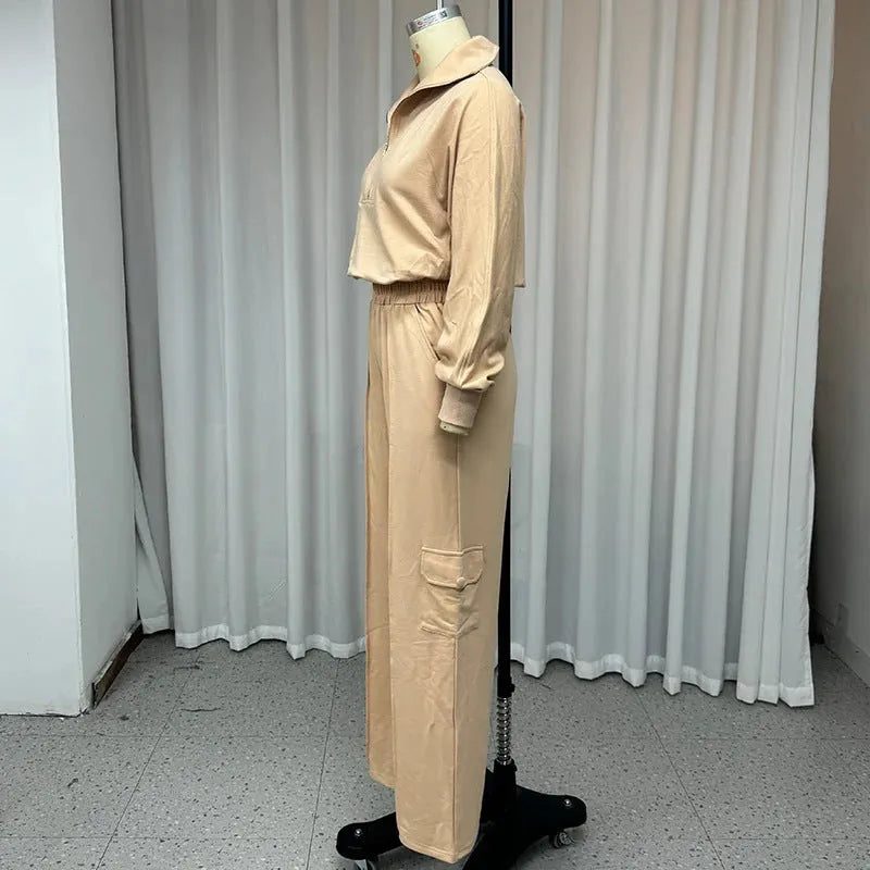 Women's light camel polyester two-piece set with lapel short top and high waist wide leg trousers
