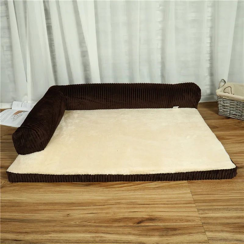 Corduroy dog sofa bed with bolsters in grey colour showing high-density sponge construction