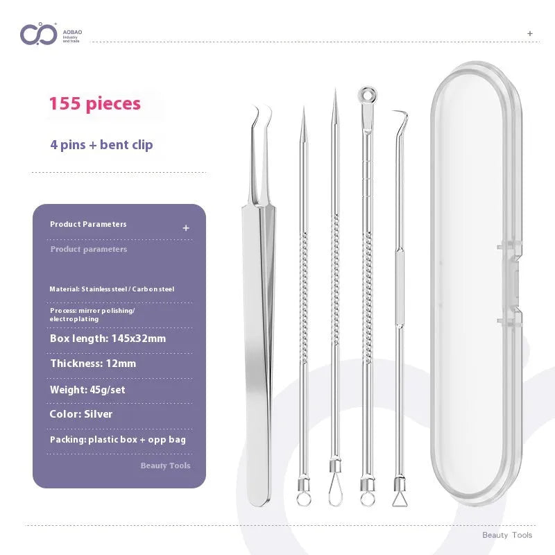Four ultra fine metal acne needles and a metal acne clip laid out on a surface.