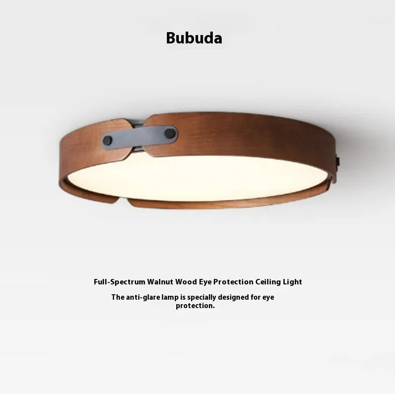Japanese walnut ceiling lamp with wood shade and PMMA lampshade in warm light colour options