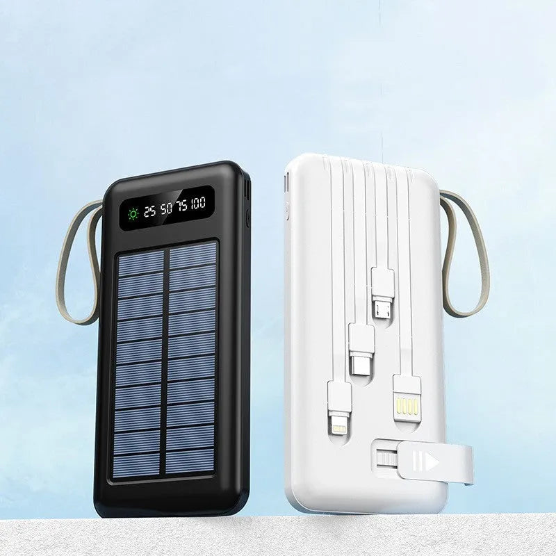 Solar power bank in black or white with 20000mA or 30000mA capacity measuring 144mm by 68mm