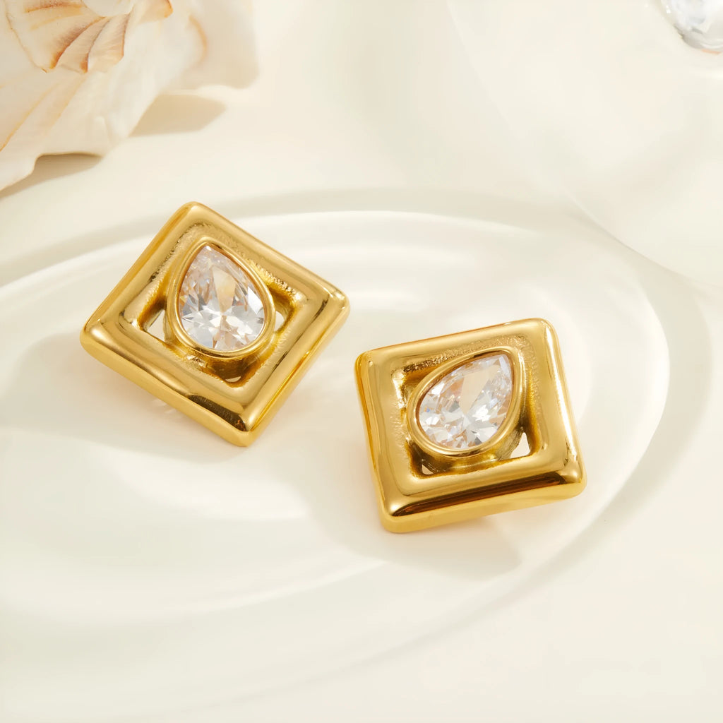 Geometric water drop shaped stud earrings with inlaid zircon stone and gold colour finish
