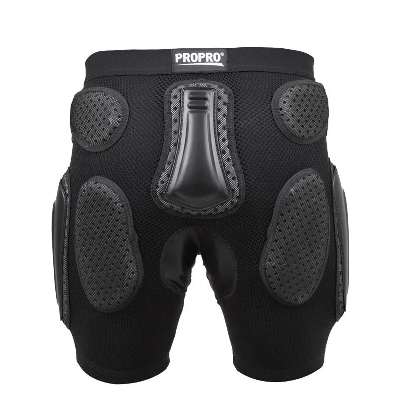 Black cycling trousers with integrated protective hip padding, shown in size L.