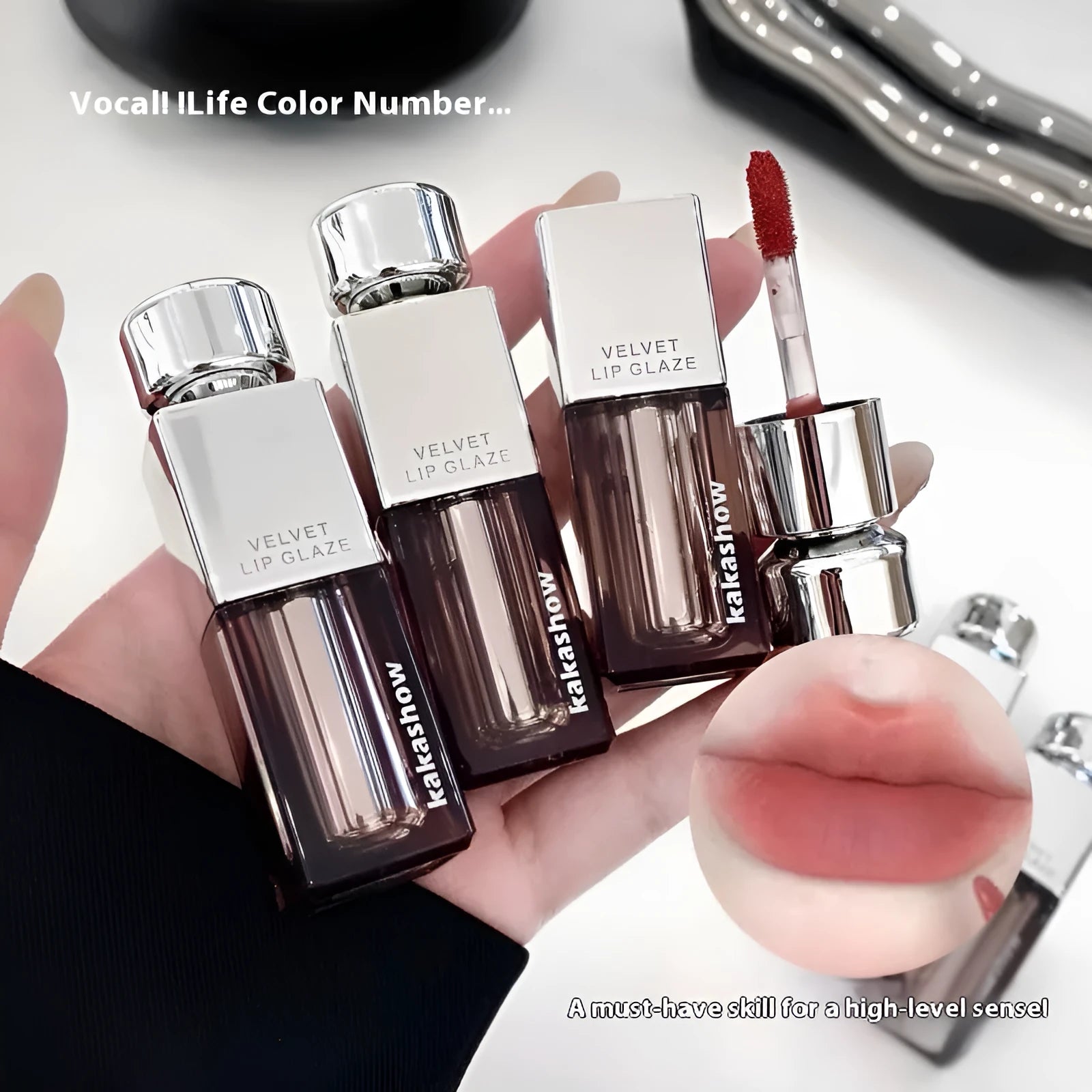 Matte soft mist lipstick in six colour options showing velvet finish and 1.8g net content