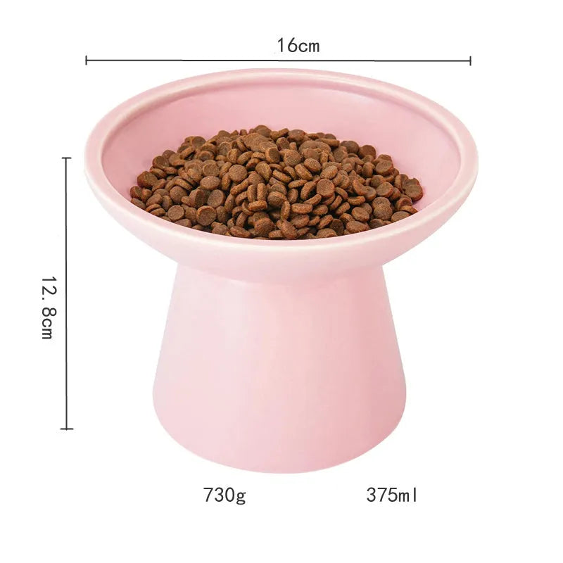 Ceramic elevated cat food bowl in blue showing wide shallow design and raised height