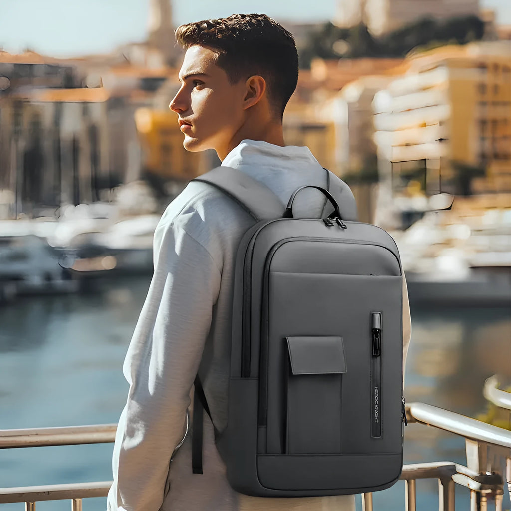 Lightweight oxford cloth men's backpack with sewing line detail in dark gray colour