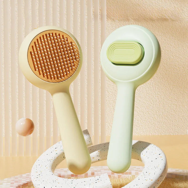 Green and yellow pet grooming brushes with stainless steel bristles and non-slip rubber handles.