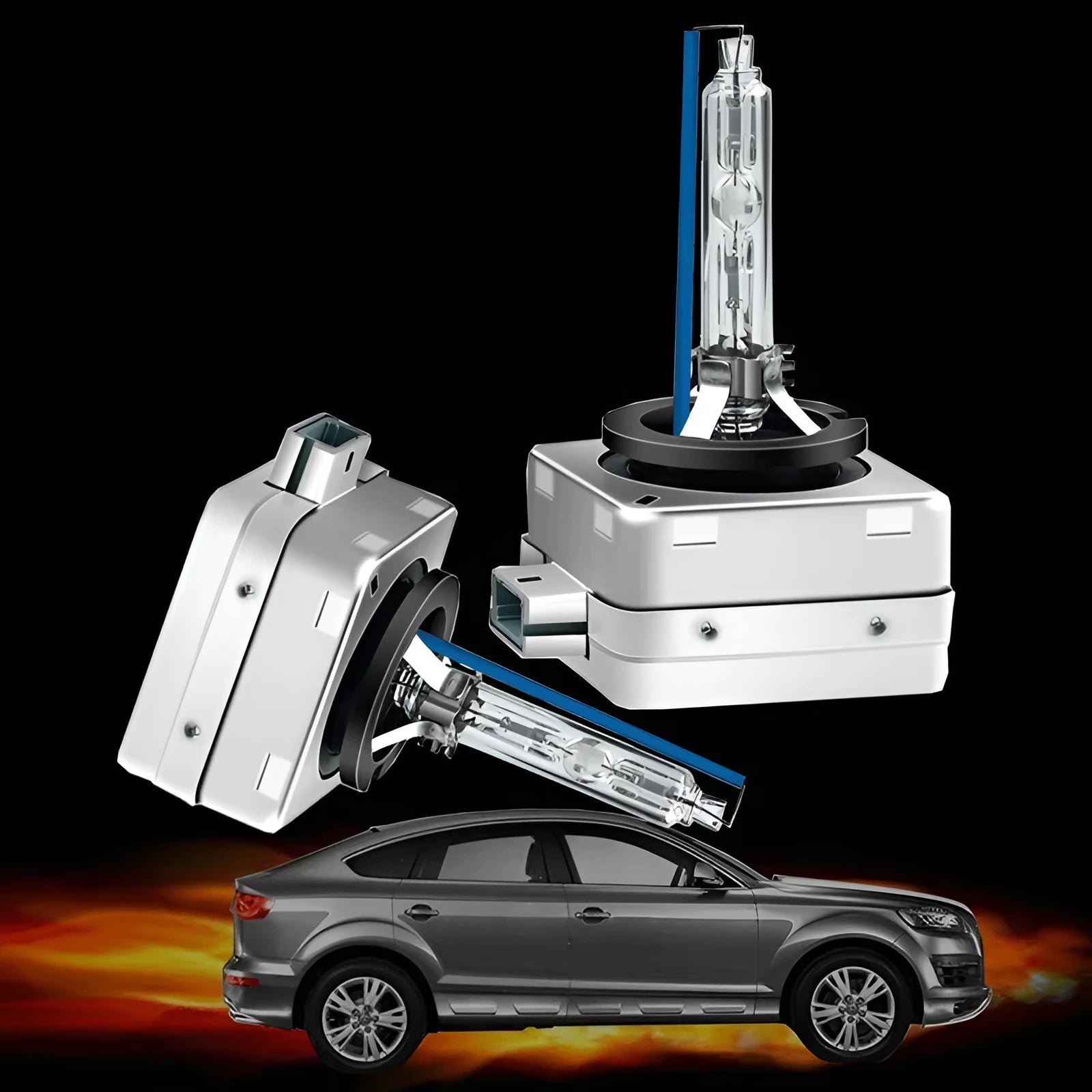Xenon automotive headlight bulb with aluminium alloy shell for D1S and D1R systems, showing colour temperature options.