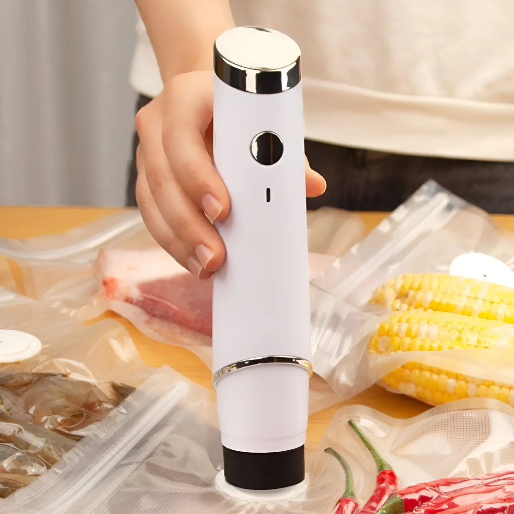 White USB vacuum sealer pump with five 26x28cm food storage bags for home use